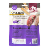 Back of a Wild Eats Duck Flavored Collagen Retriever Adult Rolls package shows product info, feeding instructions, nutrition facts, and images of collagen dog treats with raw meat on a purple background featuring Wild Eats branding.