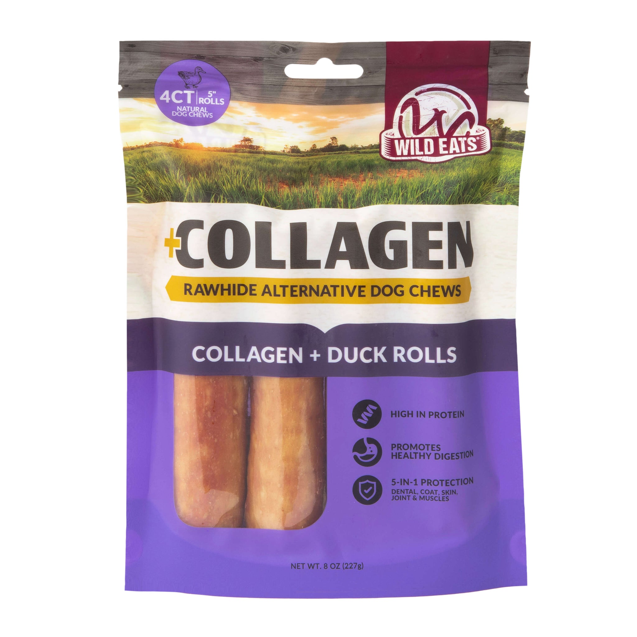 Wild Eats Duck Flavored Collagen Retriever Adult Rolls offer high protein, support digestion, protect joints and muscles, and come in a 4-roll pack.
