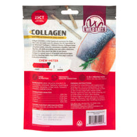 A package of Wild Eats Salmon Flavor Collagen Long Lasting Dog Chew Sticks features a salmon graphic, highlights high protein and digestibility, and displays feeding instructions, ingredients, and a chew-meter on the front.