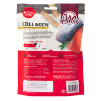 Back of a Wild Eats Salmon Flavored Collagen Retriever Adult Rolls package, displaying product info, benefits, ingredients, feeding directions, and chew meter. Red and white packaging shows salmon-flavored collagen chews by Wild Eats.