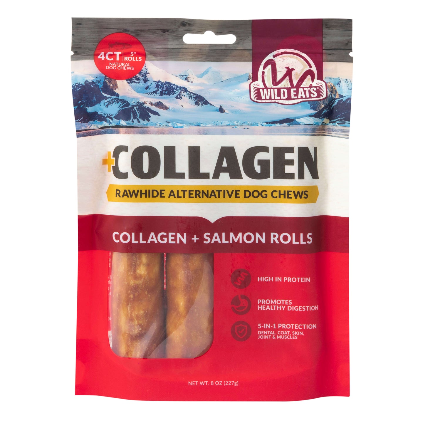 Wild Eats Salmon Flavored Collagen Retriever Adult Rolls come in red and white mountain-themed packaging with a window showing the rolls. These long-lasting, easily digestible dog treats are made by Wild Eats.