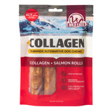 Wild Eats Salmon Flavored Collagen Retriever Adult Rolls come in red and white mountain-themed packaging with a window showing the rolls. These long-lasting, easily digestible dog treats are made by Wild Eats.