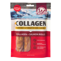 Wild Eats Salmon Flavored Collagen Retriever Adult Rolls come in red and white mountain-themed packaging with a window showing the rolls. These long-lasting, easily digestible dog treats are made by Wild Eats.
