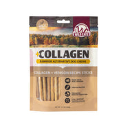 A package of Wild Eats Collagen Venison Recipe Sticks by Wild Eats is shown in a tan and clear bag, displaying the protein-rich collagen dog chews inside with benefits listed on the front.