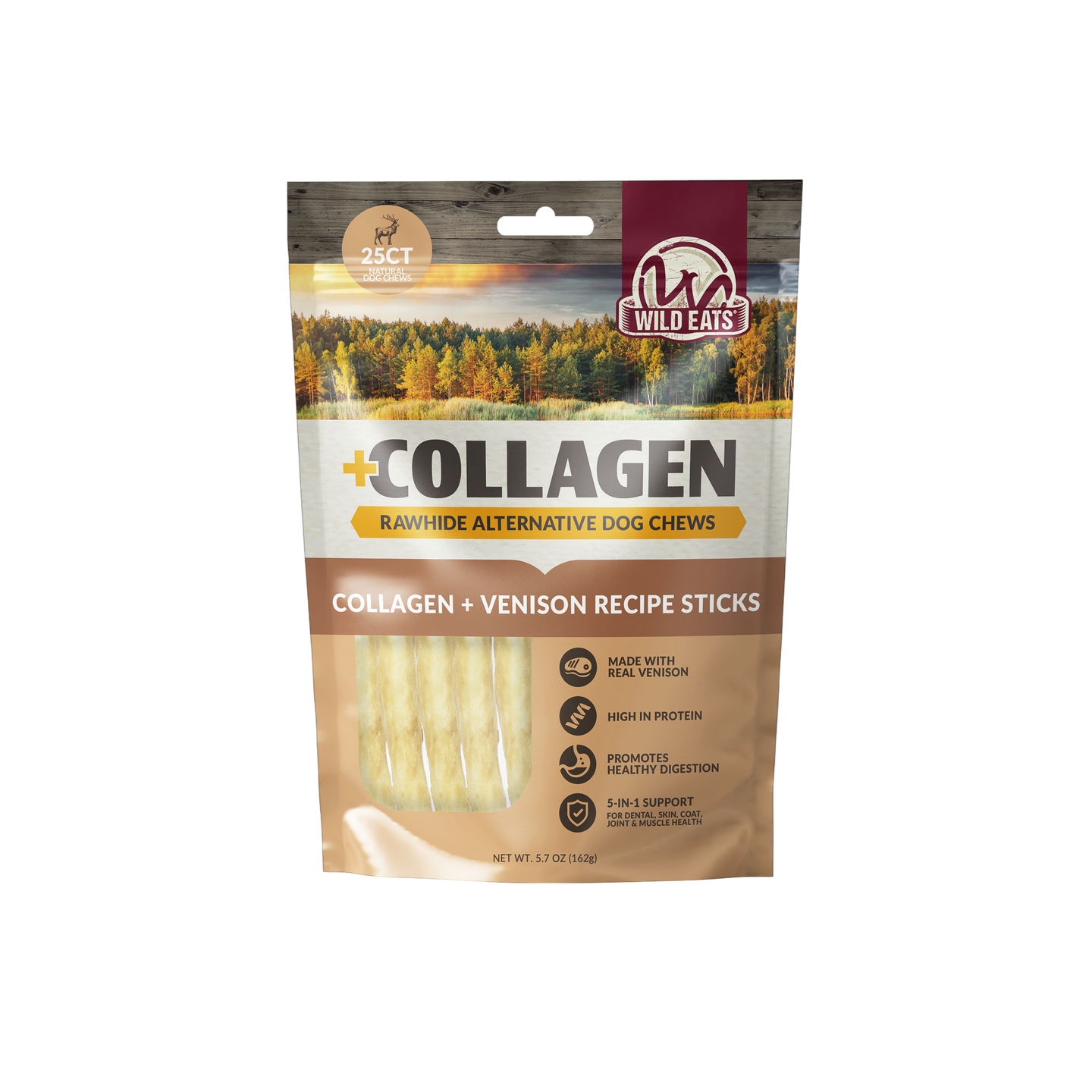 A 5.7 oz (124g) bag of Wild Eats Collagen Venison Recipe Sticks by Wild Eats features an outdoor forest design, product benefits, and a window showing 25 highly digestible rawhide-free dog treats inside.