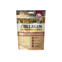 A 5.7 oz (124g) bag of Wild Eats Collagen Venison Recipe Sticks by Wild Eats features an outdoor forest design, product benefits, and a window showing 25 highly digestible rawhide-free dog treats inside.