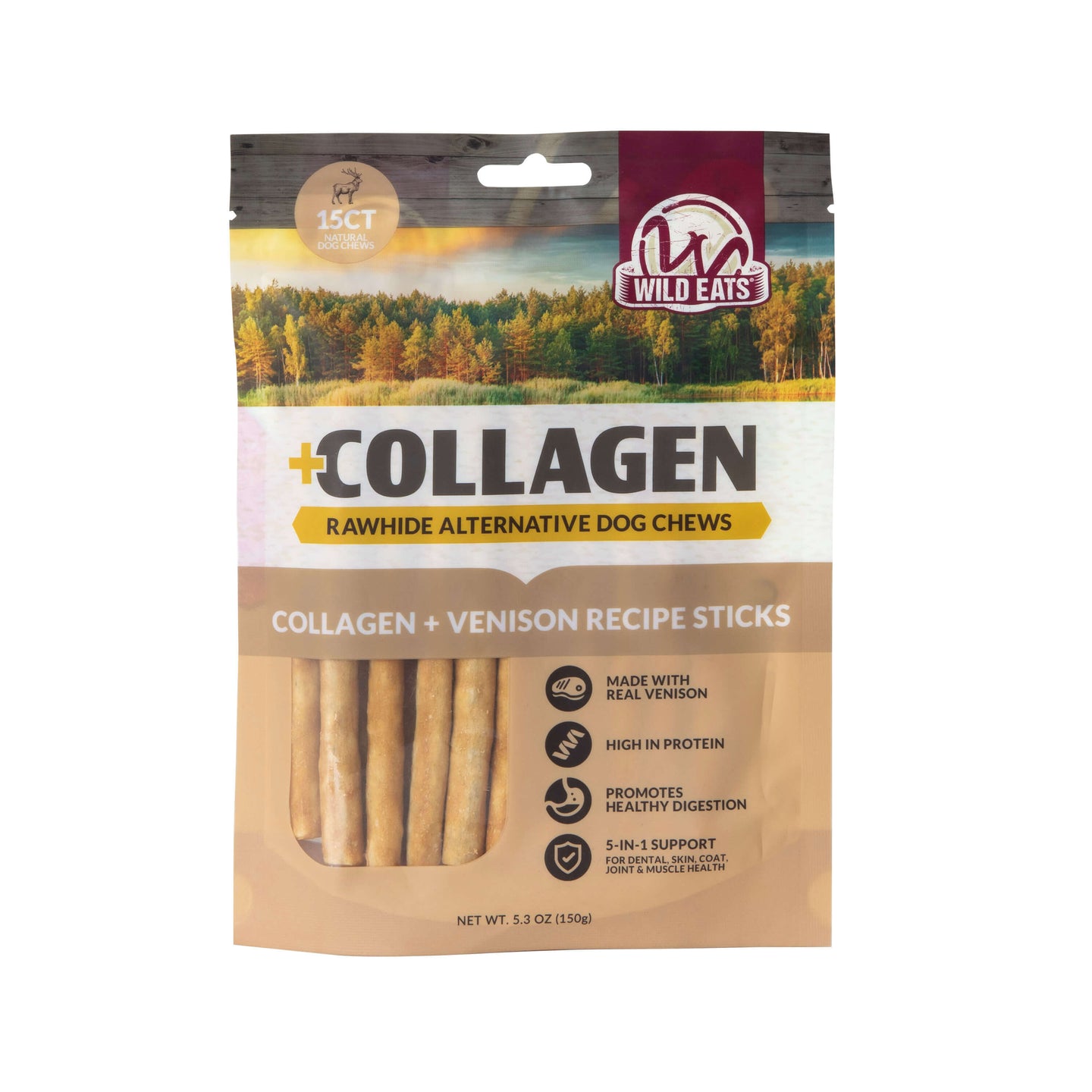 A package of Wild Eats Collagen Venison Recipe Sticks dog chews is shown, with the collagen venison sticks visible inside and product benefits plus ingredients displayed on the front.
