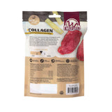 Back of a Wild Eats Venison Flavor Collagen 5" Retriever Style Cheek Rolls (4-Pack) package, showing details, ingredients, nutrition facts, chew-meter, feeding instructions, and images of chews and venison on a beige pack with brown and gold accents.