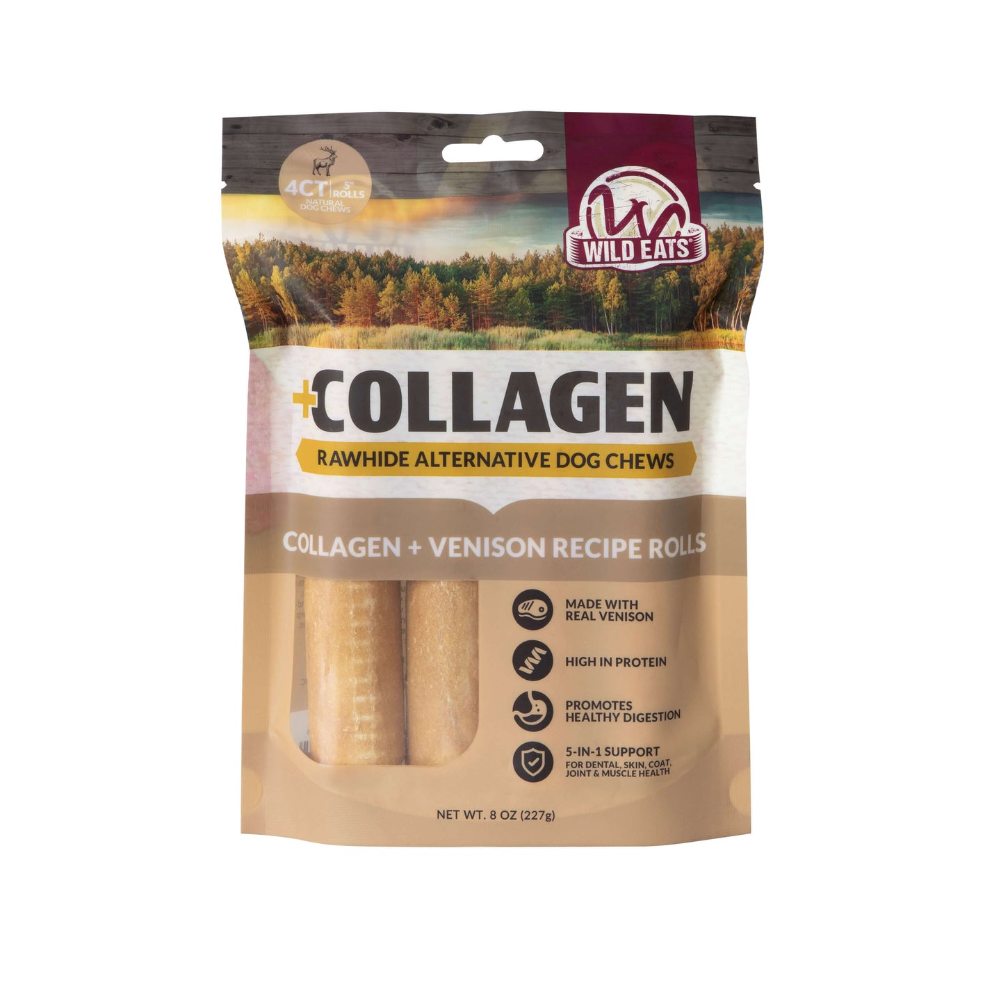 Wild Eats Venison Flavor Collagen 5" Retriever Style Cheek Rolls (4-Pack) are high-protein, long-lasting dog chews made with real venison to support healthy digestion for your pup.