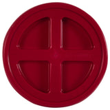 Close-up of a red GAMMA Seal Lid by Gamma2, showcasing a four-section design with embossed OPEN and CLOSE. This BPA-free HDPE lid ensures an airtight seal.
