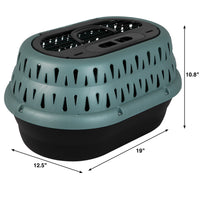 The Petmate Top Load Cat Kennel by Petmate is a teal and black carrier with a perforated design and handy top handle. Its dimensions are 19 x 12.5 x 10.8, featuring a grid-patterned lid for secure pet travel.