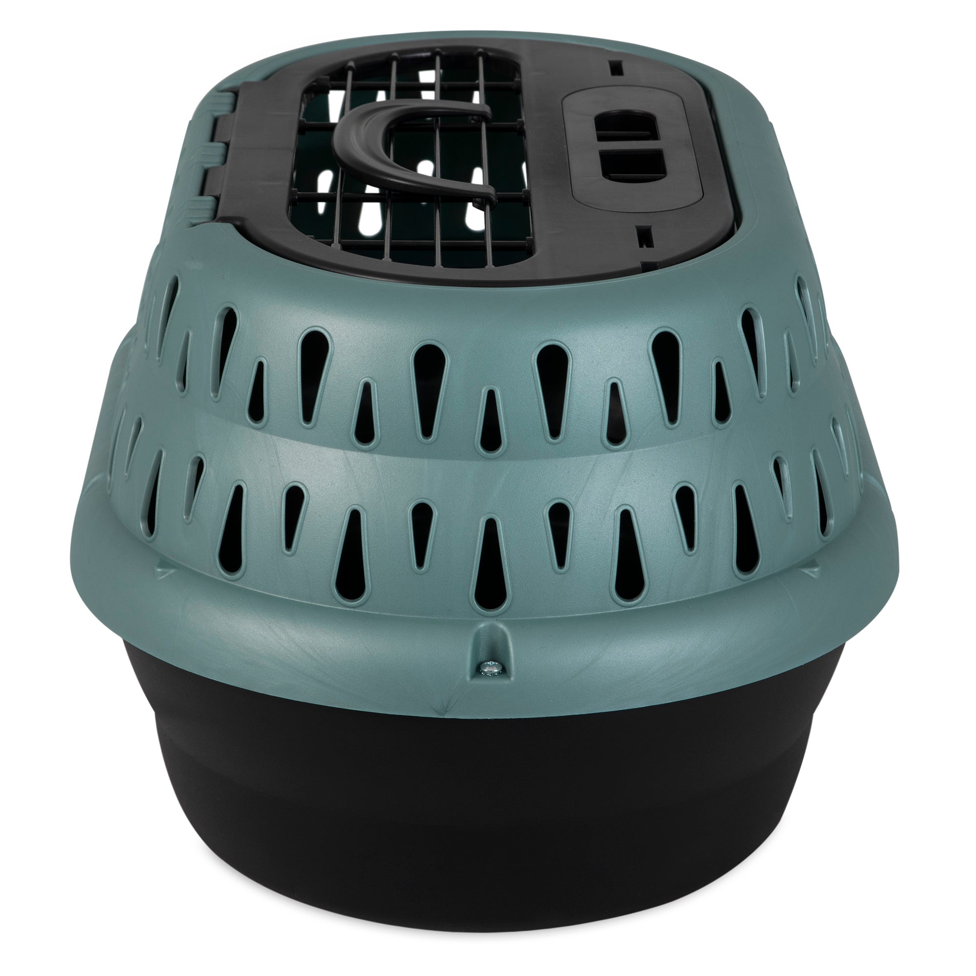 The Petmate E-Z Load Top Load Cat Kennel by Petmate features green and black colors, a secure grated door, and 360-degree ventilation, offering easy access and optimal airflow—perfect for reducing travel stress for cats.