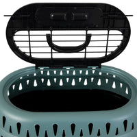 The Petmate Top Load Cat Kennel, by Petmate, is a green and black travel pet carrier featuring an open top door with a handle and triangular ventilation holes on the sides, offering a dark and spacious interior for your furry friend.
