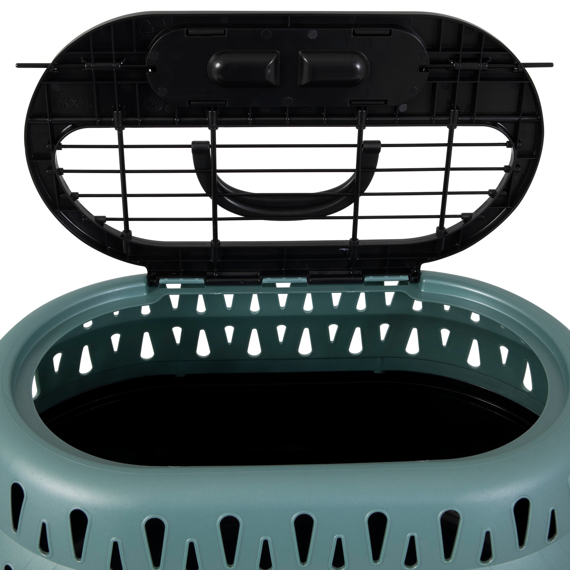 The Petmate Top Load Cat Kennel, by Petmate, is a green and black travel pet carrier featuring an open top door with a handle and triangular ventilation holes on the sides, offering a dark and spacious interior for your furry friend.