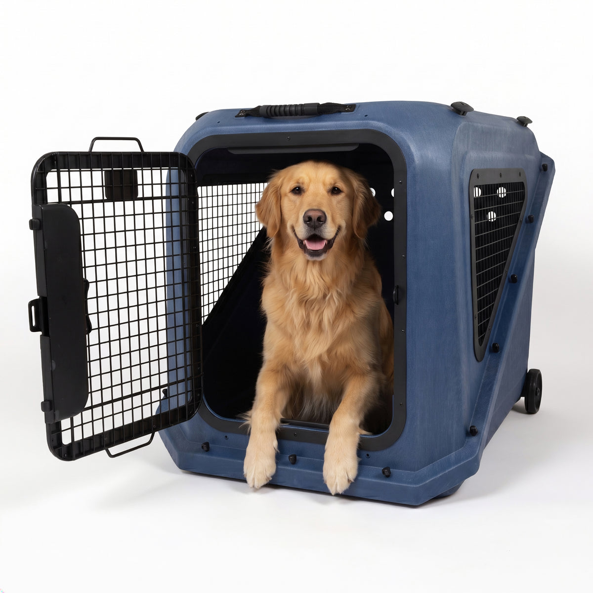 A golden retriever sits inside a Petmate Basecamp Travel Kennel, a durable blue hard-shell crate with an open wire door.