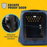 Petmate Basecamp Travel Kennel, a durable hard-shell dog crate with an escape-proof metal door and bolt latch, shown with an inset magnifying the latch mechanism.