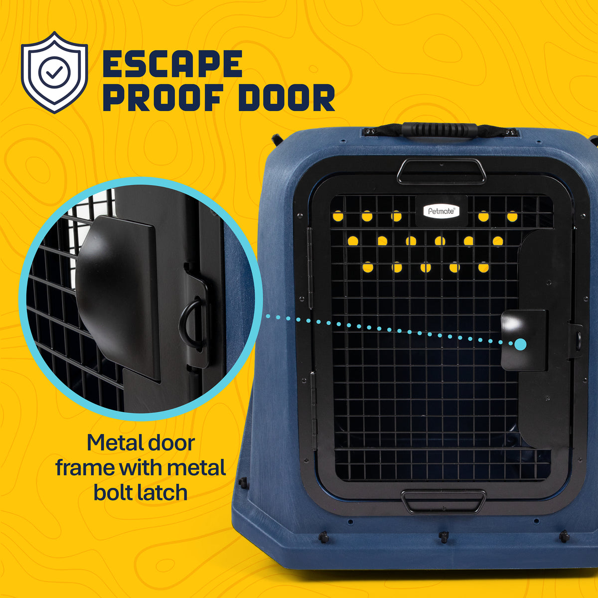 Petmate Basecamp Travel Kennel, a durable hard-shell dog crate with an escape-proof metal door and bolt latch, shown with an inset magnifying the latch mechanism.