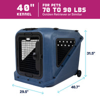 Blue plastic Petmate Basecamp Travel Kennel with a metal wire door and wheels, measuring 40.7 inches long, 29.5 inches wide, and 31.5 inches high, suitable for pets weighing 70 to 90 pounds.