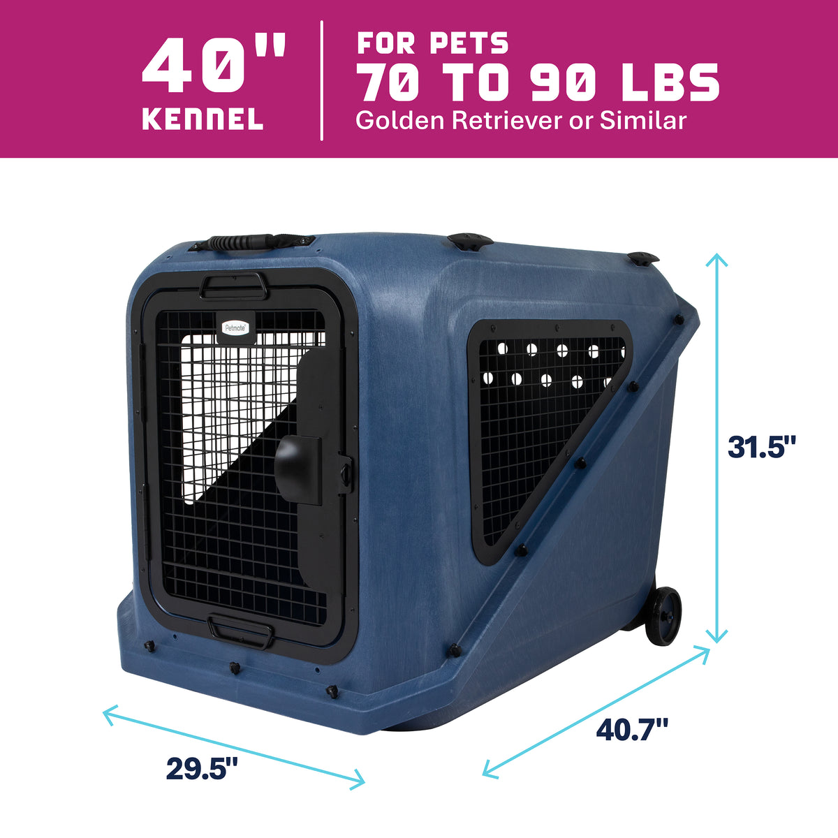 Blue plastic Petmate Basecamp Travel Kennel with a metal wire door and wheels, measuring 40.7 inches long, 29.5 inches wide, and 31.5 inches high, suitable for pets weighing 70 to 90 pounds.