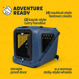 A blue Petmate Basecamp Travel Kennel featuring a wire-grid door, kayak-style carry handles, nautical-style tiedown cleats, an escape-proof door, and removable wheels.
