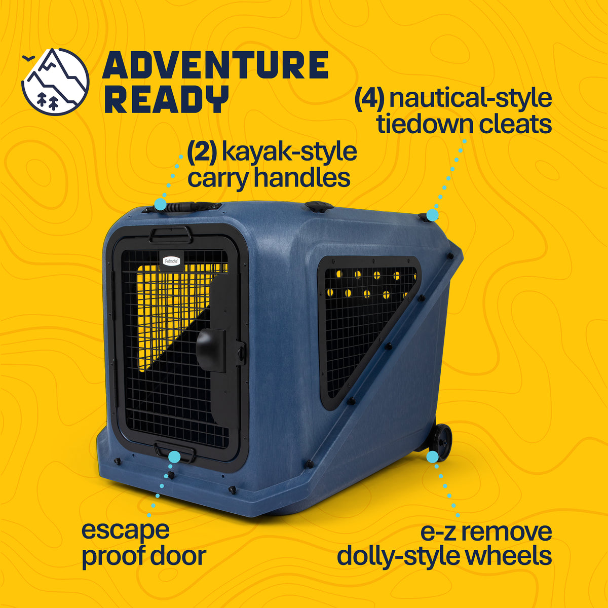 A blue Petmate Basecamp Travel Kennel featuring a wire-grid door, kayak-style carry handles, nautical-style tiedown cleats, an escape-proof door, and removable wheels.
