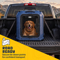 A golden retriever sits inside a durable hard-shell Petmate Basecamp Travel Kennel secured in the bed of a pickup truck.