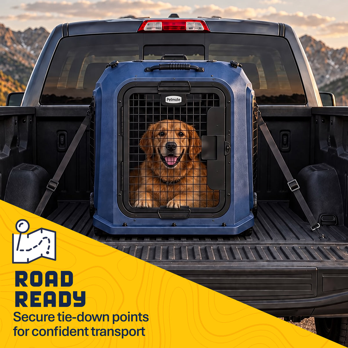 A golden retriever sits inside a durable hard-shell Petmate Basecamp Travel Kennel secured in the bed of a pickup truck.