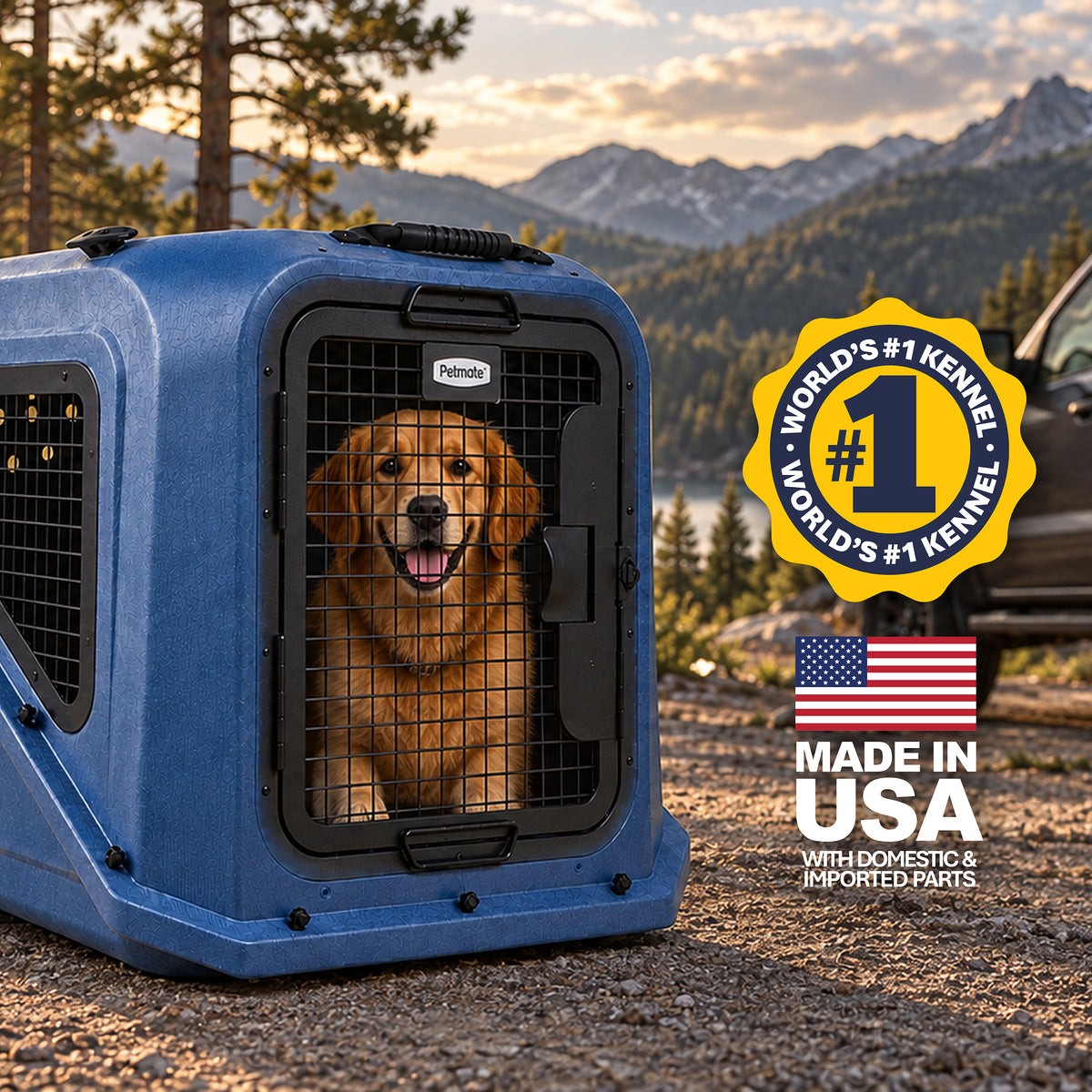 A golden retriever sits inside a blue Petmate Basecamp Travel Kennel outdoors, with a badge reading Worlds #1 Kennel and a Made in USA label visible.