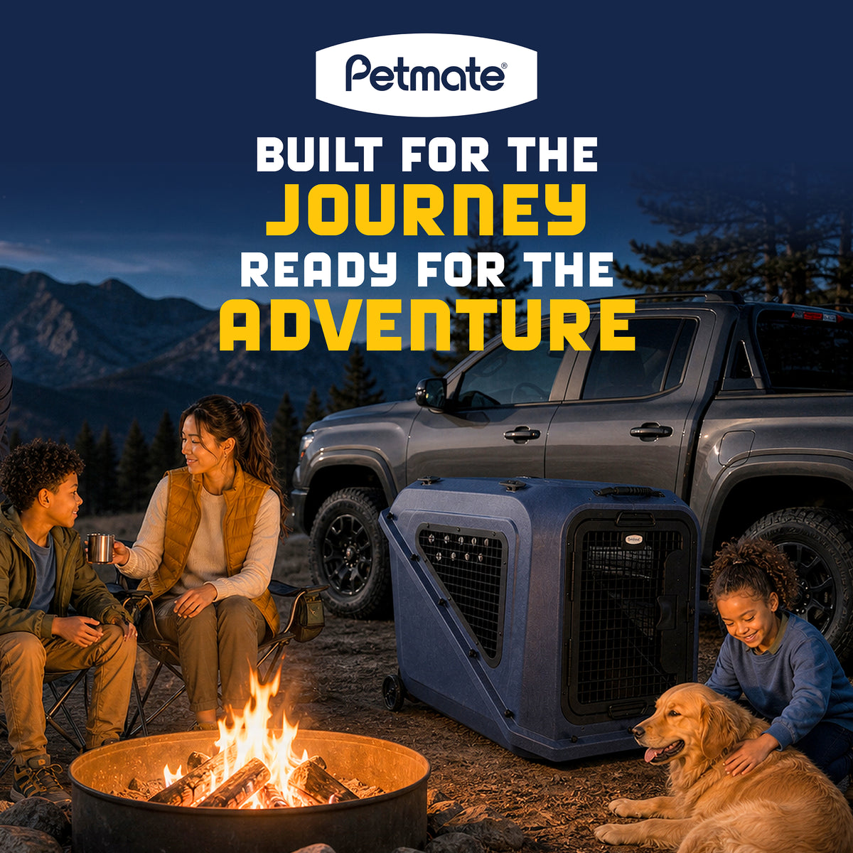 A durable hard-shell Petmate Basecamp Travel Kennel sits next to a campfire where a family and their dog are relaxing outdoors near a parked truck.