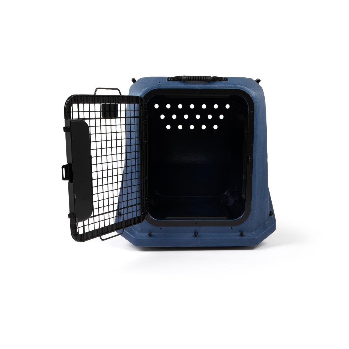Durable hard-shell blue Petmate Basecamp Travel Kennel with an open wire door.