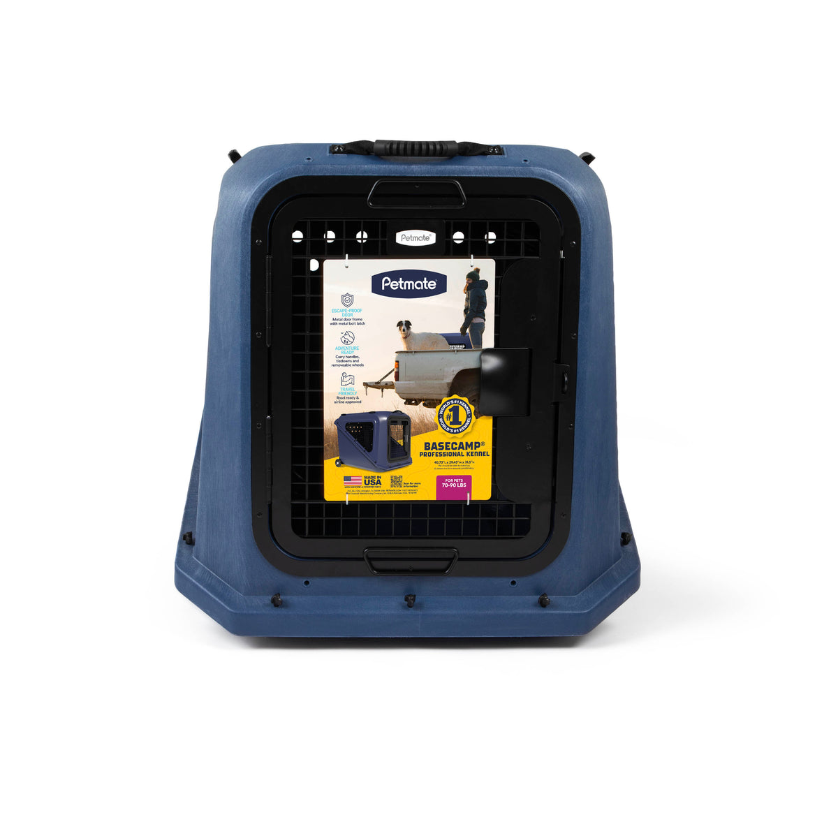 Blue plastic Petmate Basecamp Travel Kennel with a black metal grated door and an informational product label attached to the front.