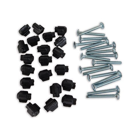 A set of black plastic anchors and silver 1.75 Petmate Tri Wing Kennel Screws, ideal for replacing hardware in Petmate kennels, are displayed on a white background with anchors on the left and screws neatly arranged on the right.