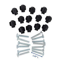 The image displays the Tri Wing 1.25 Hardware For Kennels by Petmate, featuring 14 black plastic screw caps and 14 silver flat-top screws ideal for kennels like the Petmate Sky Kennel. A blue measurement line confirms the screws are 1.25 inches long.