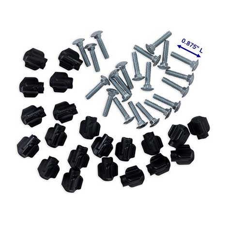 A set of black plastic hex nuts and silver screws, similar to Petmates Tri Wing 0.875 Hardware for Giant 48 Kennels, is organized on a white background.