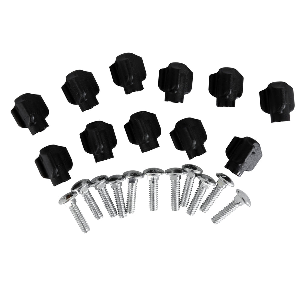 Twelve black ridged plastic knobs and sixteen flat round head silver screws, similar to those from Petmates Tri Wing 0.75 Hardware for Kennels, are displayed on a white background.