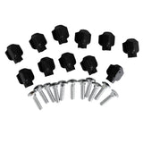 Twelve black ridged plastic knobs and sixteen flat round head silver screws, similar to those from Petmates Tri Wing 0.75 Hardware for Kennels, are displayed on a white background.