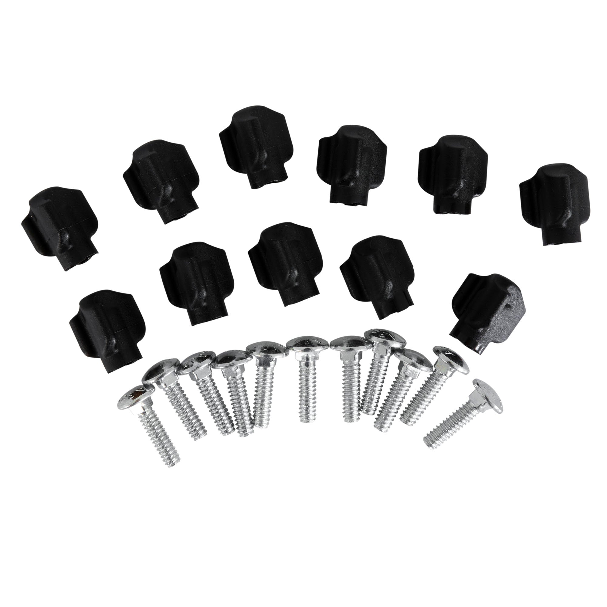 Twelve black ridged plastic knobs and sixteen flat round head silver screws, similar to those from Petmates Tri Wing 0.75 Hardware for Kennels, are displayed on a white background.