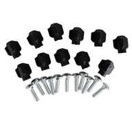 A set of twelve black plastic knobs from Petmates Tri Wing 0.75 Hardware For Kennels is laid out in two rows, with eighteen silver metal screws arranged in three rows, all on a white background.