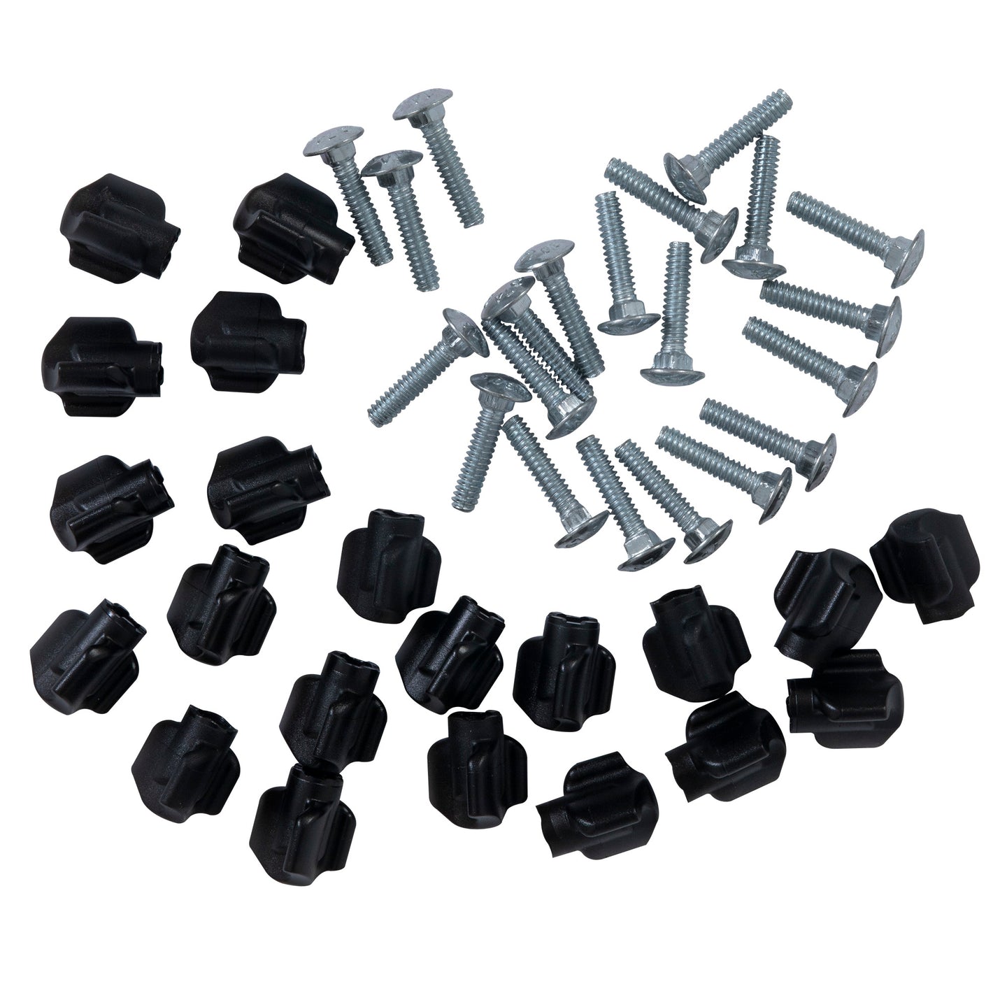 A Tri-Wing Hardware Pack by Replacement Part is displayed on a white background, featuring uniformly shaped black plastic fasteners and silver metal screws, perfectly complementing your 48 kennels.