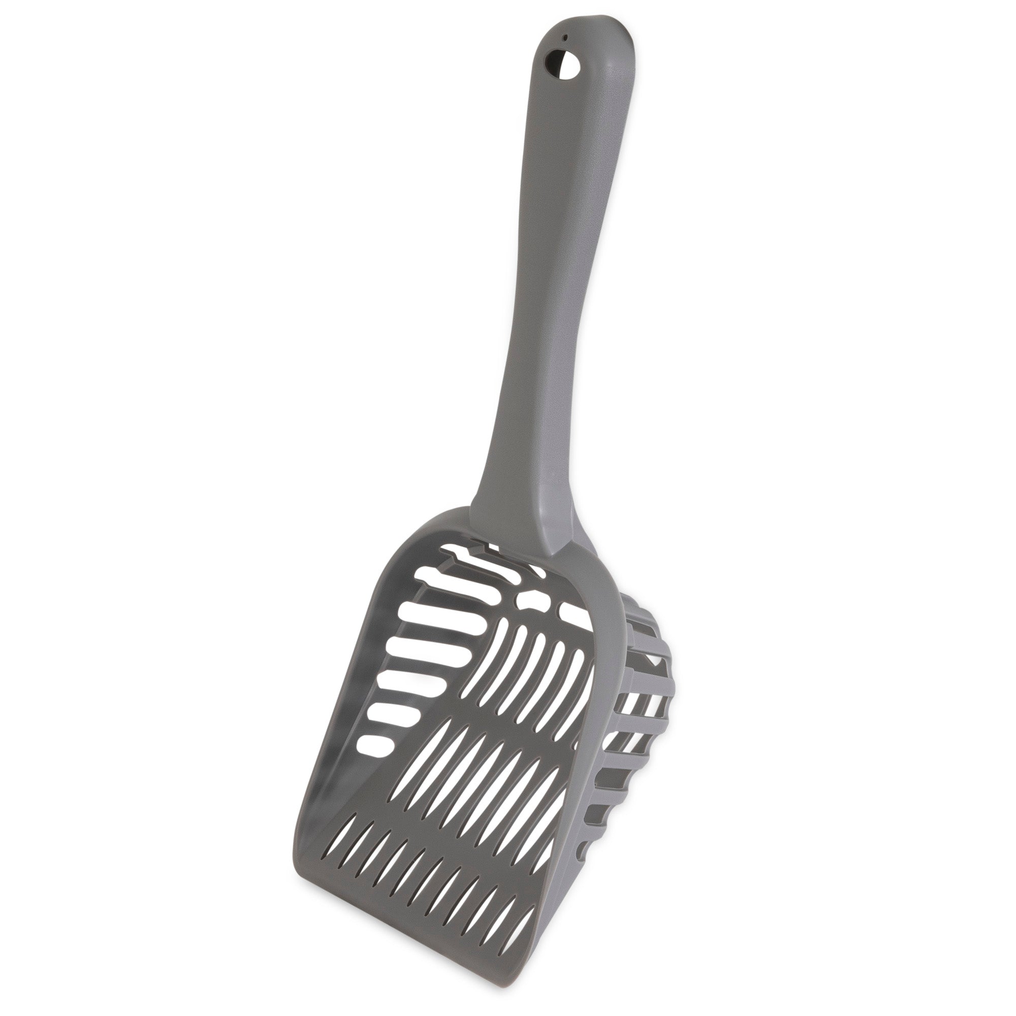 The Arm & Hammer Jumbo Litter Scoop, crafted from gray plastic, has a long handle and slotted design for easy sifting. With antimicrobial protection, its ideal for keeping your pets area clean and hygienic.