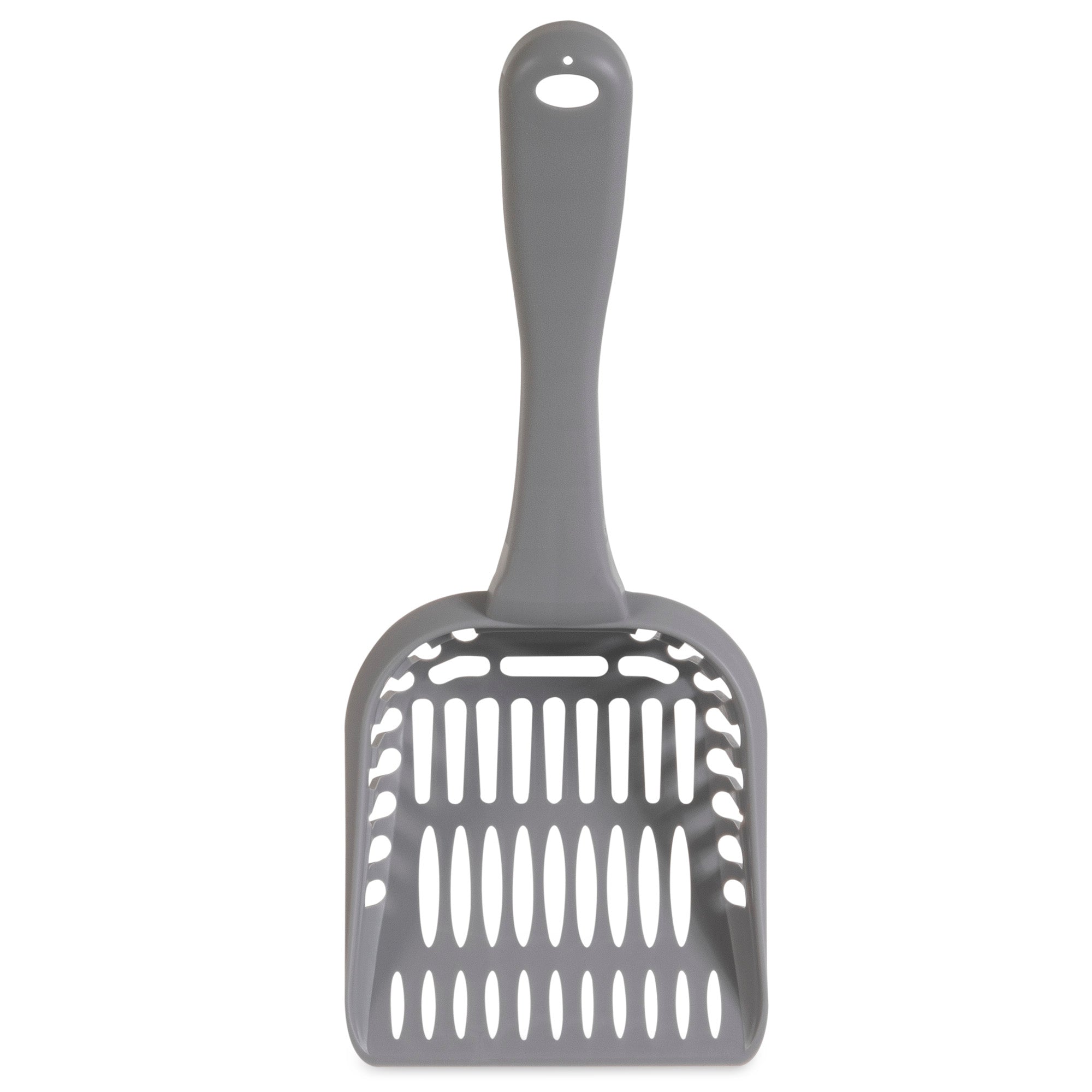 The Arm & Hammer Jumbo Litter Scoop by Arm And Hammer has a gray plastic body, long handle, and efficient slotted design for easy sifting.