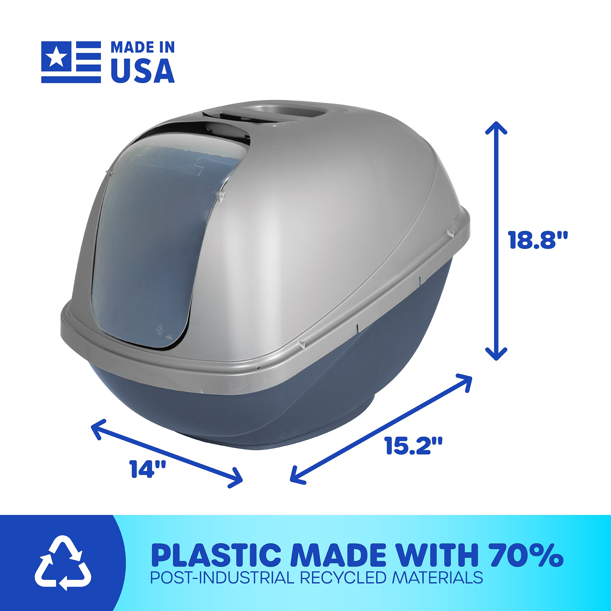 The Petmate Basic Hooded Cat Litter Pan by Petmate is a gray and blue litter box with a dome lid for easy cleaning. Measuring 18.8 x 15.2 x 14, its made in the USA from 70% post-industrial recycled materials and includes an odor-absorbing filter to keep your space fresh.