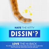 A cats tail near yellow splatters on tiles with text: Hate the kitty dissin? Love the Petmate Hi-Back Open Litter Box. Its open-top design makes it easy for your cat. She’ll adore her litter box, and so will you. Blue and white background.