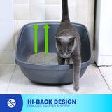 A gray cat steps out of the Petmate Hi-Back Open Litter Box on a tiled floor. Green arrows highlight its height, while a blue banner says, Hi-Back Design Reduces Scatter & Spray, emphasizing its non-stick plastic construction.