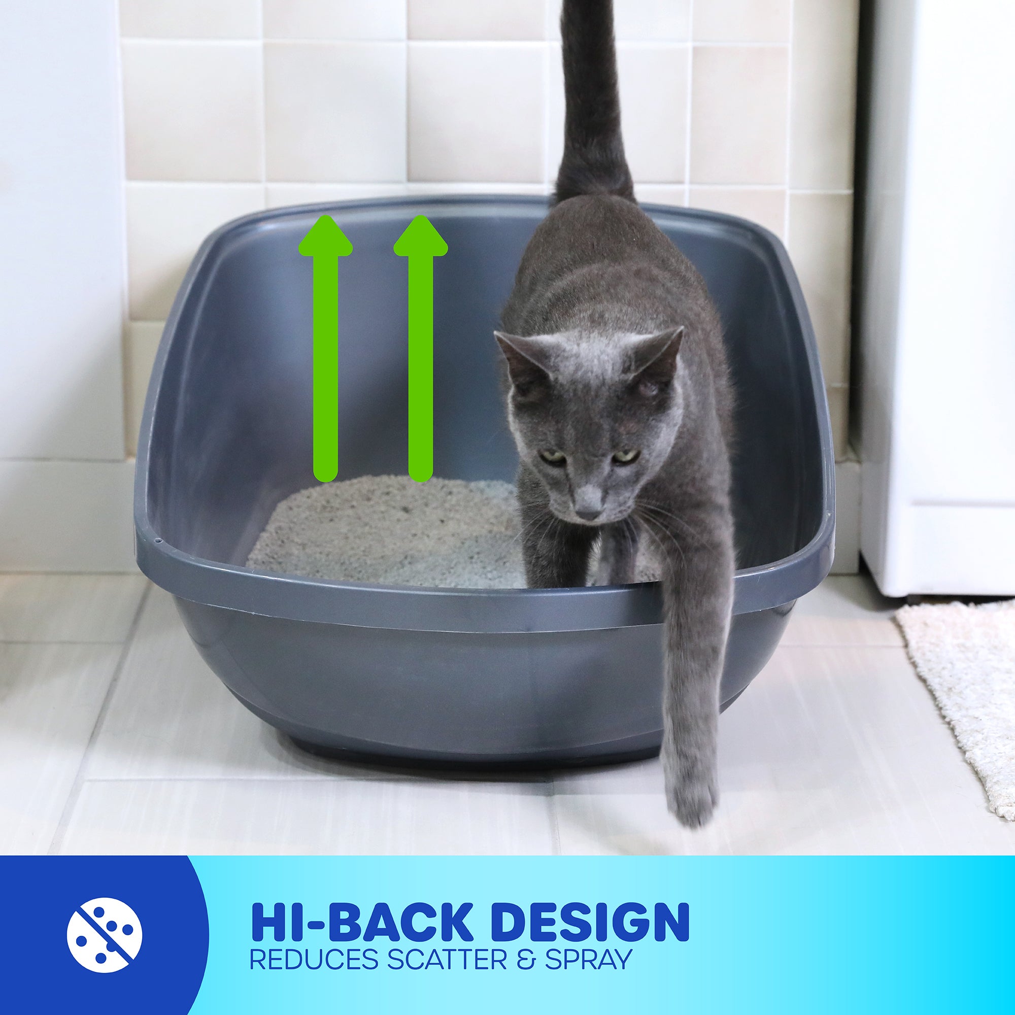 A gray cat steps out of the Petmate Hi-Back Open Litter Box on a tiled floor. Green arrows highlight its height, while a blue banner says, Hi-Back Design Reduces Scatter & Spray, emphasizing its non-stick plastic construction.