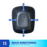 The Petmate Hi-Back Open Litter Box by Petmate is shown from above. Its black and square, crafted from non-stick plastic, with blue arrows highlighting multi-directional cat entry and exit. Below, text reads: MULTI-DIRECTIONAL ENTRY & EXIT FOR YOUR CAT.
