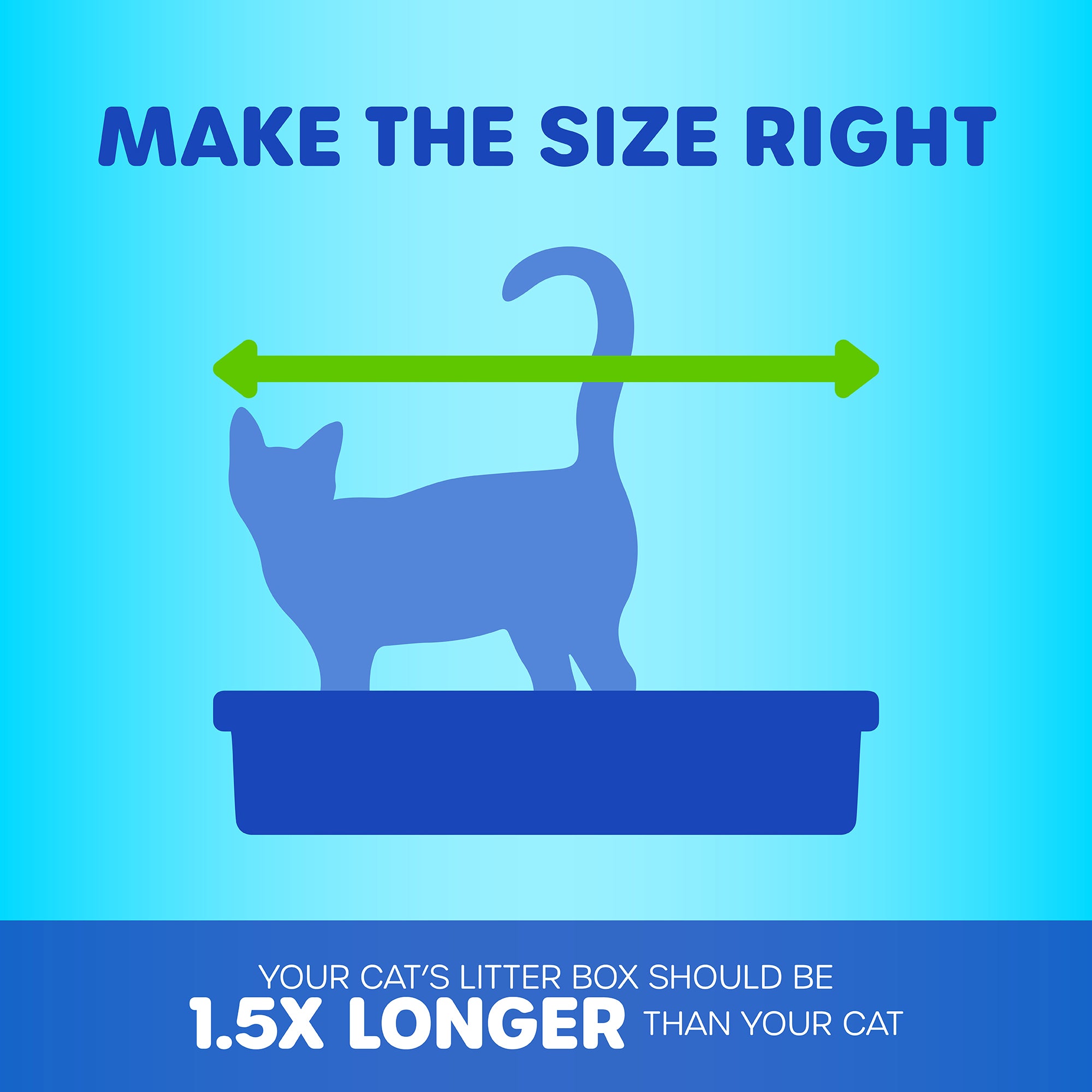 An image shows a cat in a Petmate Hi-Back Open Litter Box with a green double arrow indicating size. Text: Choose the right size. Your litter box should be 1.5x longer than your cat. The background is a blue gradient.