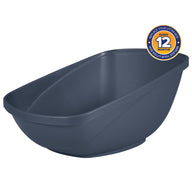 The Petmate Hi-Back Open Litter Box by Petmate, in dark blue and oval-shaped, features an open-top design. Its made from non-stick plastic for easy cleaning. A circular sticker on the top right suggests: Replace Your Litter Box Every 12 Months.