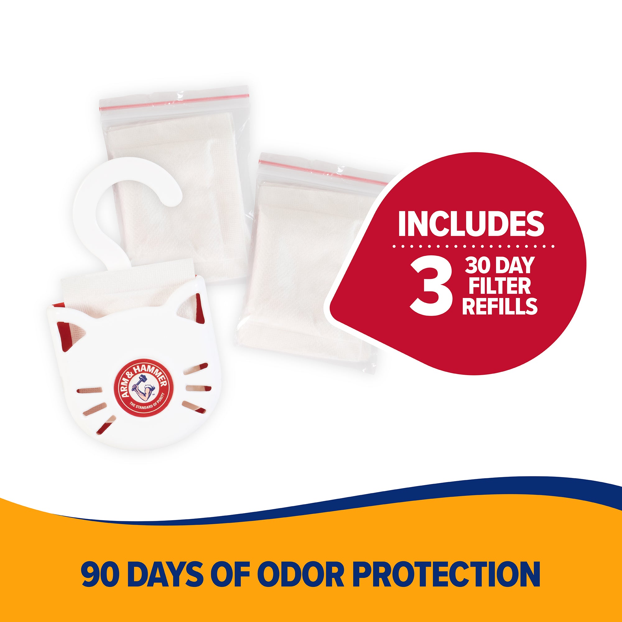 Introducing the Arm & Hammer Purifying Pak Cat Litter Deodorizer: a stylish deodorizer featuring a cat-shaped holder, three 30-day filter refills, and providing 90 days of ultimate odor protection in a sleek design with blue and orange accents.