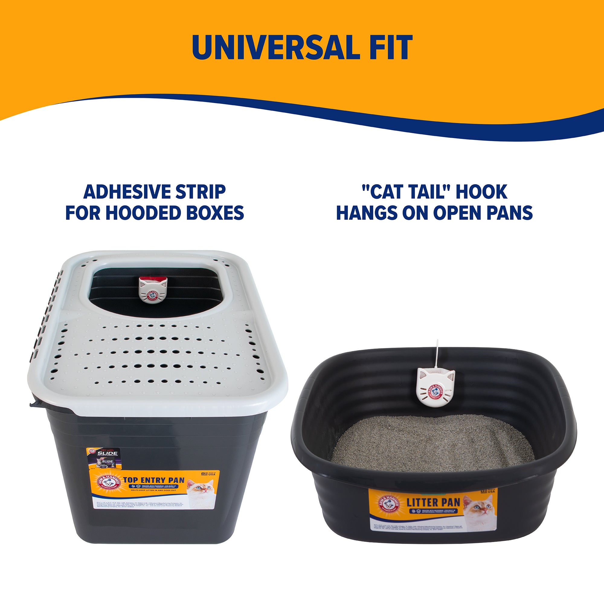 The image shows two cat litter boxes: a hooded one with an adhesive strip for filters on the left and an open pan with a cat tail hook for filters on the right. Both feature Arm & Hammer Purifying Pak Cat Litter Deodorizer for universal fit and superior odor protection.
